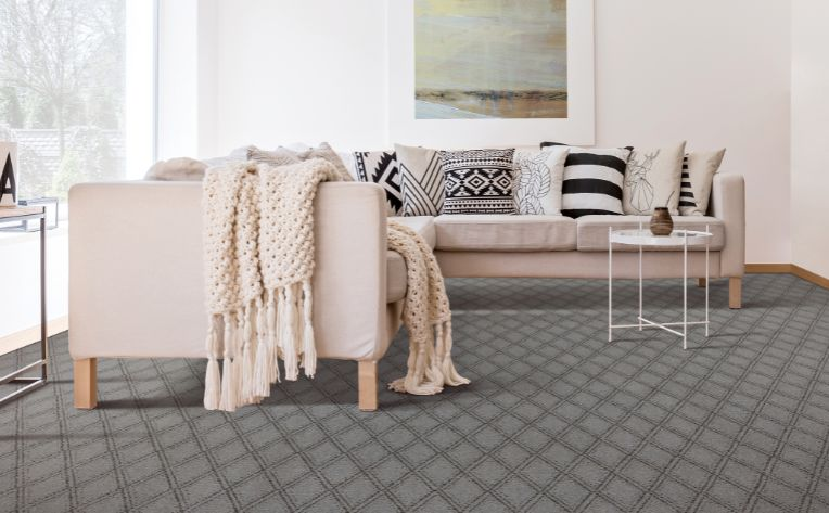 modern living room with gray patterned carpet